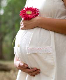 Pregnant woman holding her belly with a red flower in her hand.